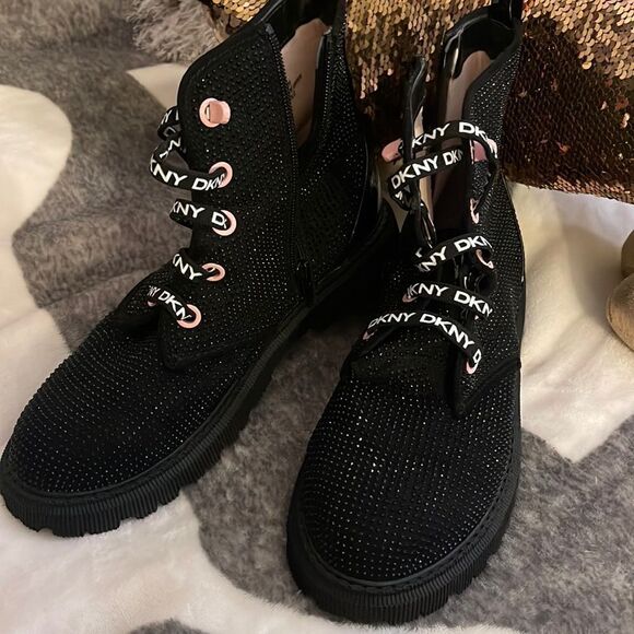DKNY ava size 8 rhinestone crystal black studded combat moto boots - Picture 1 of 7